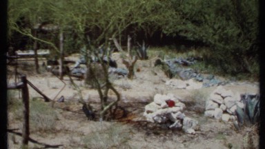 1971: a dry river running under a wooden bridge with no water CALIFORNIA