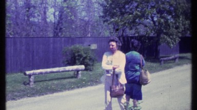 1984: Two Elderly Women Standing Near Park Bench in Vermont
