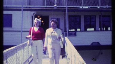 1984: two women walking down the bridge of an elegant building VERMONT