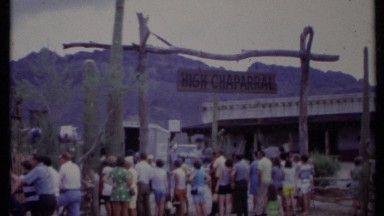 1971: tourists watch the ranch setting of western tv show "high chaparral"