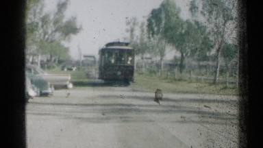 1959: trolley rain comes down the road DISNEYLAND