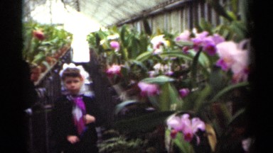 1949: a young woman her daughter are standing in between plants and flowers