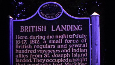 1960: A White and Blue Sign Commemorating the British Landing in Michigan