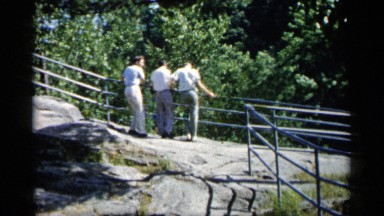 1961: 3 men standing at a scenic overlook viewing a wooded area MINNESOTA