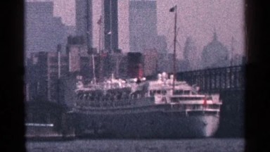 1964: the board slow run time view near to big ship stop the harbor near water