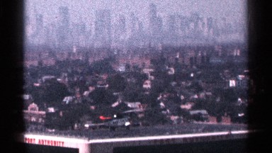 1964: a helicopter takes off from the roof of a building. NEW YORK CITY