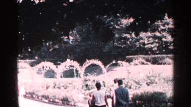 1964: many persons roaming in and around a park like area having flowery arch