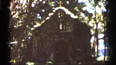 1966: an old stone building or church in the woods, covered with moss and vines