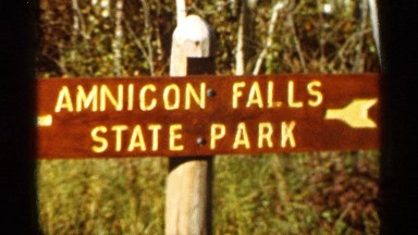 1965: beautiful board around the hotel of nature place in forest area and falls