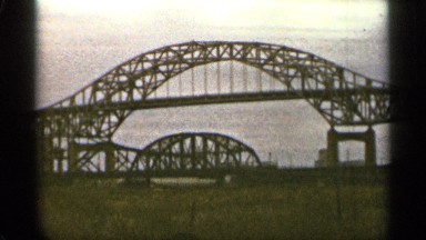 1965: empty place back side of steel bridge in morning time clear the sky view