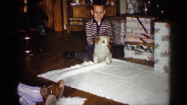 1959: a child playing and teaching funny tricks to his smart puppy INDIANA