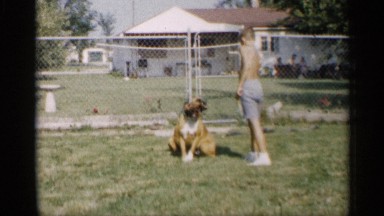 1959: a small boy play in our dog near to green grasses near to house INDIANA