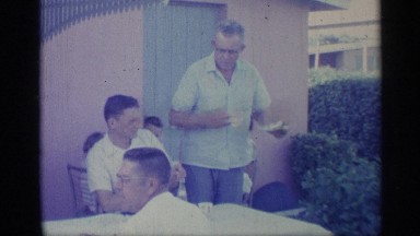 1959: the men and our family breakfast eat tea and snacks sit in the chair table
