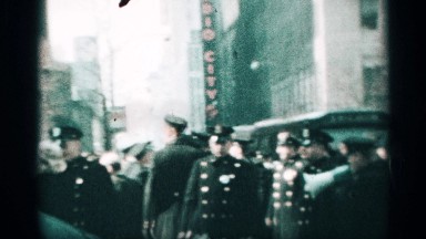 1959: large gathering of citizens, law enforcement near radio city music hall