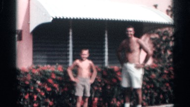 1959: a father and son look like they are having a good time outside. CALIFORNIA