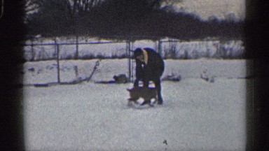 1959: a man plays with a medium sized dog in the snow CALIFORNIA