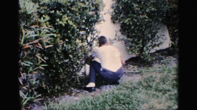 1959: a boy holding a basket, picking up eastern eggs below the plants
