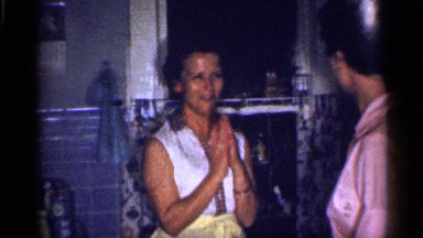 1959: two elderly ladies are having conversation with acting for fun time
