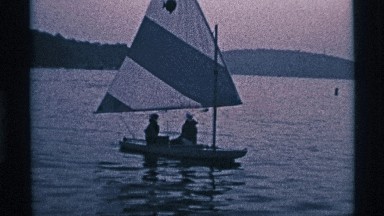 1969: in the river the boat sailing a lady and man talking each other