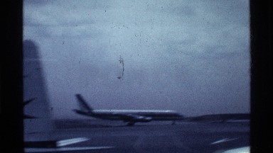 1969: the airplane taking off with the travelers into the air at high speed.