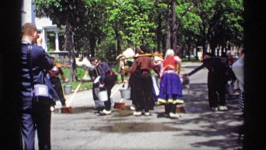 1969: a woman clean for the road morning time take the cup take the social work
