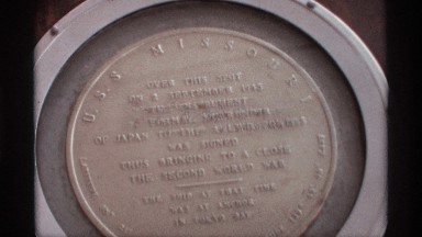 1974: engraved plaque aboard uss missouri marks the end of world war ii SEATLLE
