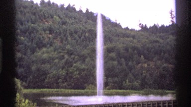 1974: sunny day a big water fountain in front of a dense jungle, square shaped