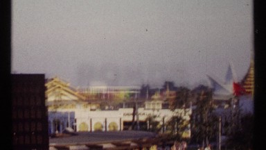 1967: sign says gratuit-free expo-express in front of unique exhibition site