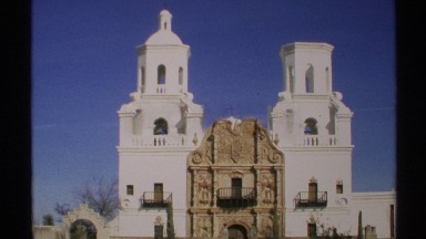 1972: the towers of an old spanish mission in the desert ARIZONA