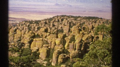 1972: tubular and flat rock formations cover area surrounded by trees ARIZONA