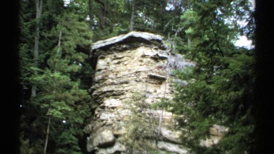 1971: a rock face within a dense forest, seen at daytime NEW YORK