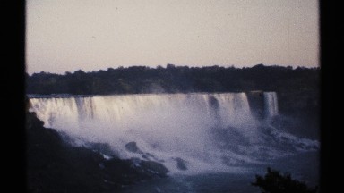 1971: natural waterfall misty, and beautiful, cascading onto rocks, NEW YORK