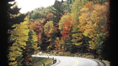 1971: a road runs through a tranquil autumn forest on the side of a hill on a