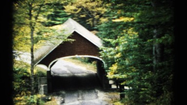 1971: quaint red with white trimmed, arched, covered bridge in woodland setting