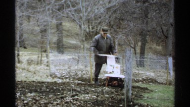 1971: a man cleaning the forest using the cleaner machine at the morning and
