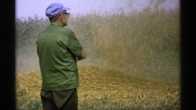 1971: a man watching the hay at the opened place they are doing something using