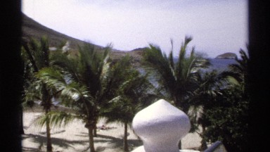 1975: panoramic view of sea, islands,and mountains from shore. GUAYMAS MEXICO