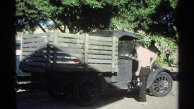 1975: Original Old Style Farming Vehicle Examined by Man in Guaymas Mexico