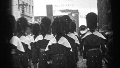 1937: Soldiers in Uniform Marching in Cleveland, Ohio Streets