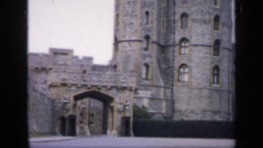 1957: connected round and rectangular stone buildings are part of a castle