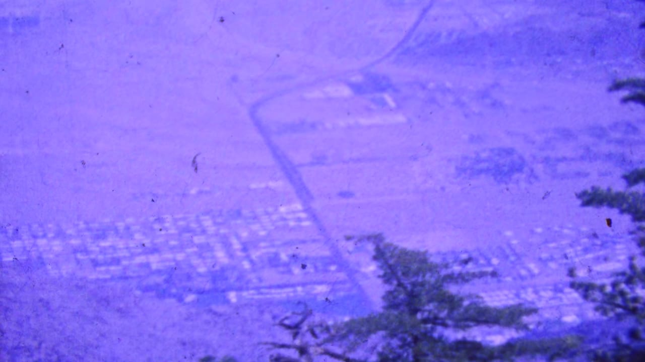High desert landscape view with road lines, pale lots, and tree silhouettes along the right edge.
