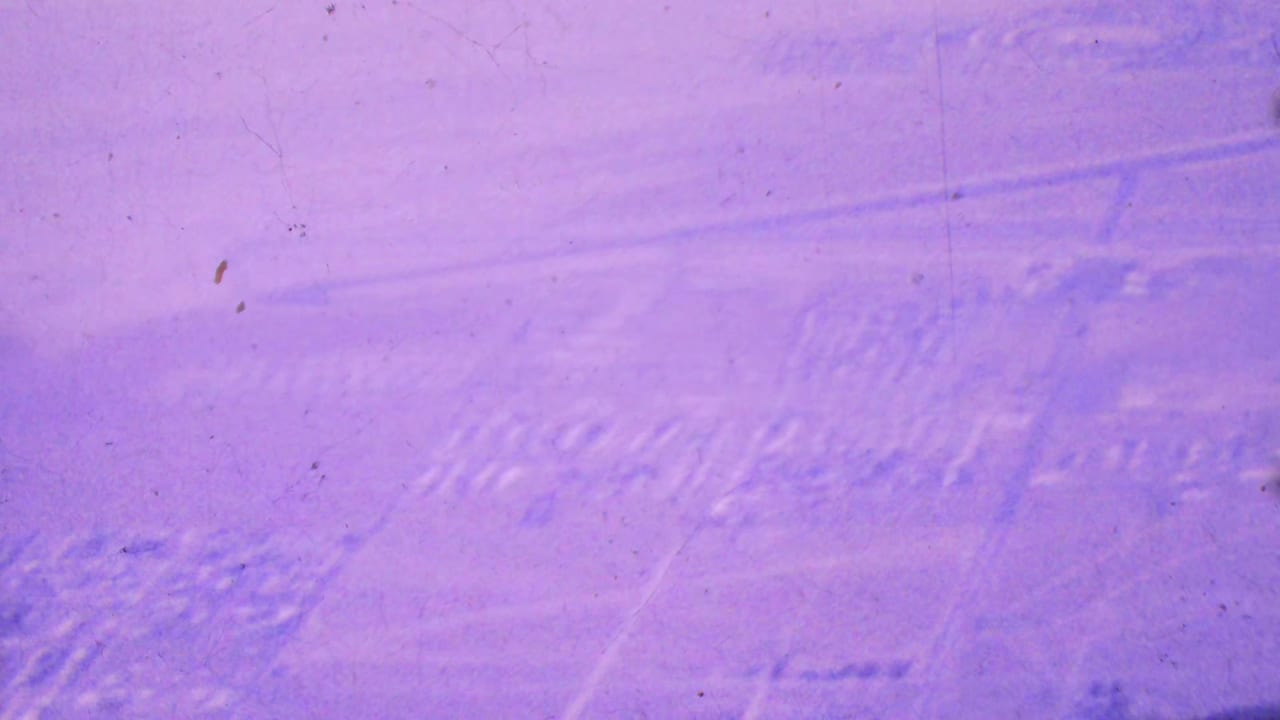 Purple-tinted aerial view of gridded land and faint roads.