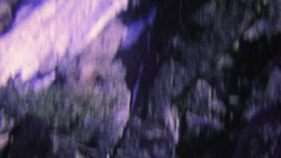 A motion-blurred 1964 Palm Springs-area frame shows snow, pine trunks, and dark near-camera shapes as the tramway view passes rugged terrain.