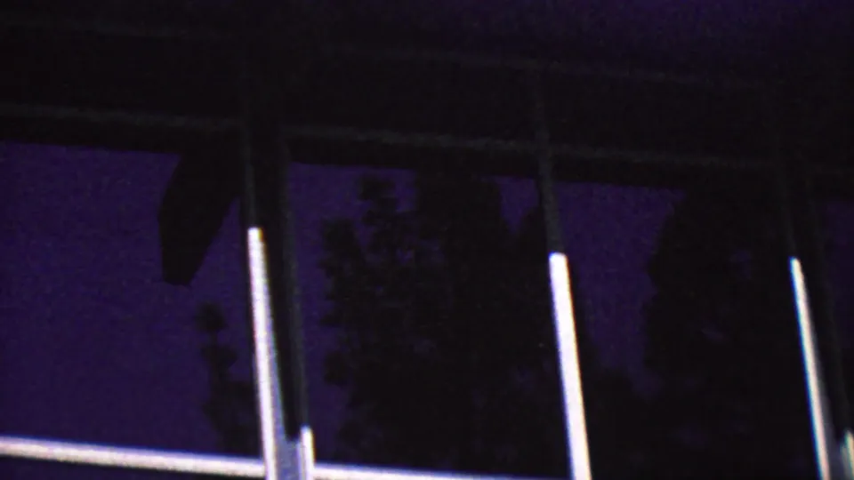 1964 Palm Springs home-movie frame showing white mullioned windows, dark roof overhangs, and silhouetted trees against a purple-blue sky.