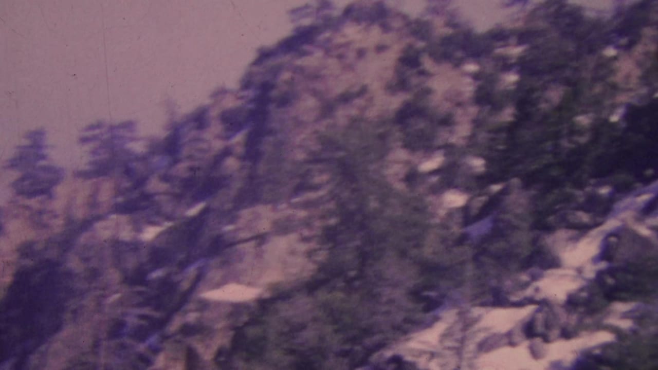 Rocky mountain slope with pine trees under a hazy sky.