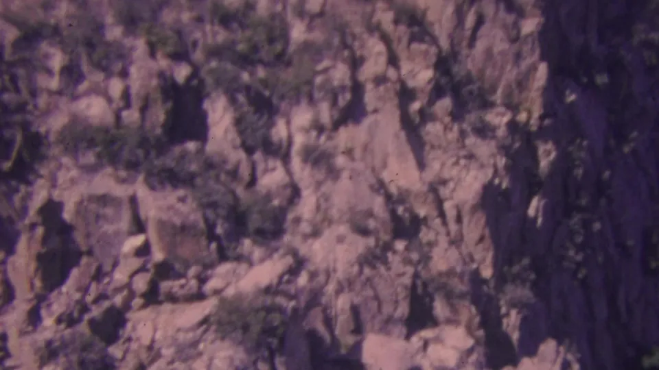 Palm Springs area canyon view from 1964 8mm footage, showing vertical shadowed rock, pale ledges, and scattered desert vegetation.
