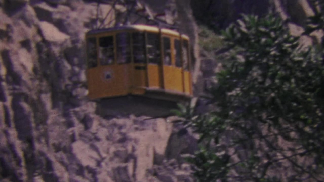 Yellow aerial tram cabin on the Palm Springs mountain route in 1964, seen against pale rocky cliffs with dark green trees partly crossing the frame.
