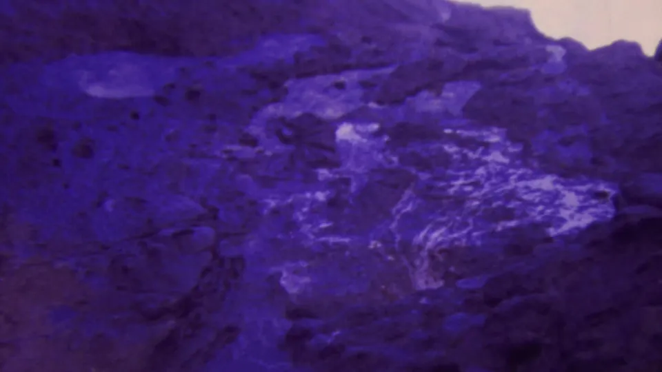 1964 Honolulu-area 8mm frame showing foamy water or a small pool moving through dark purple-shifted rocky terrain.