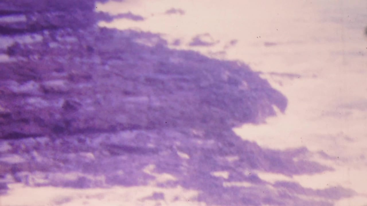 Blurred shoreline surf and reef seen through a strong purple color cast.