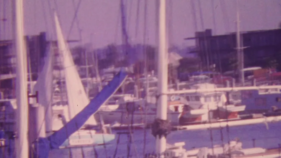 A soft 8mm view of the Honolulu marina shows sailboat masts, a blue canvas cover or sail, docked boats, calm water, and a modern waterfront building beyond the harbor.